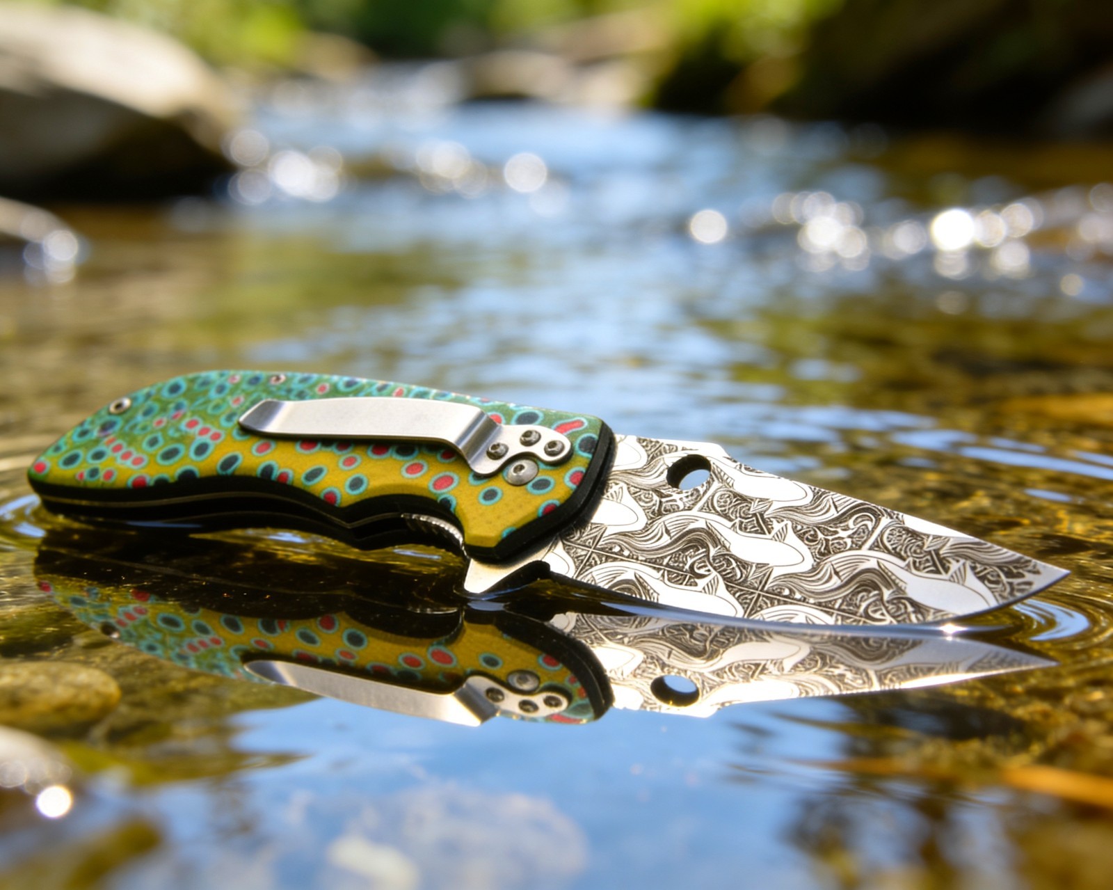 Graywolf TroutBack Folding – Pocket Knife – Damascus‑Etched Trout Edition Blade