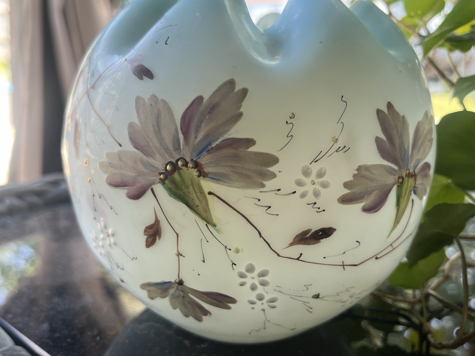 Blue White Antique Bohemian Rose Bowl Vase Hand Painted Flowers