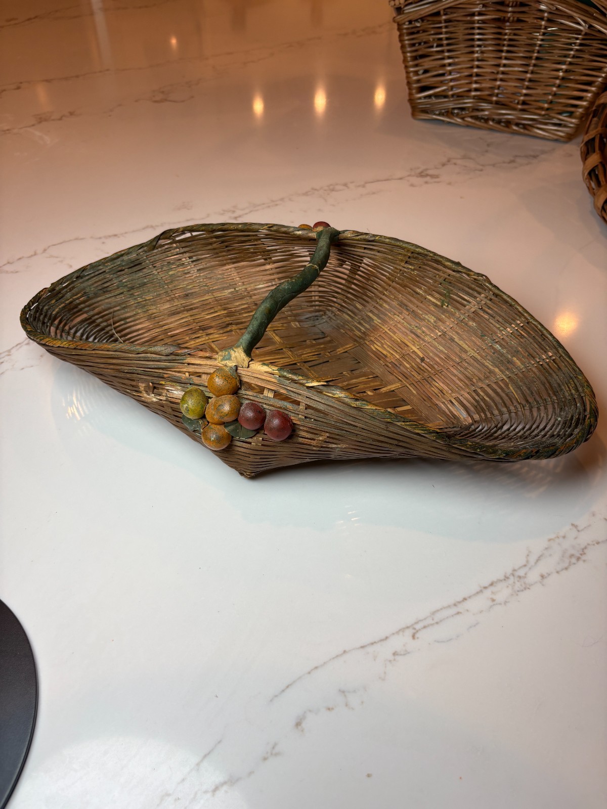 Vintage Barbola Style Gesso Fruit Wicker Basket Cottage French Country Decor