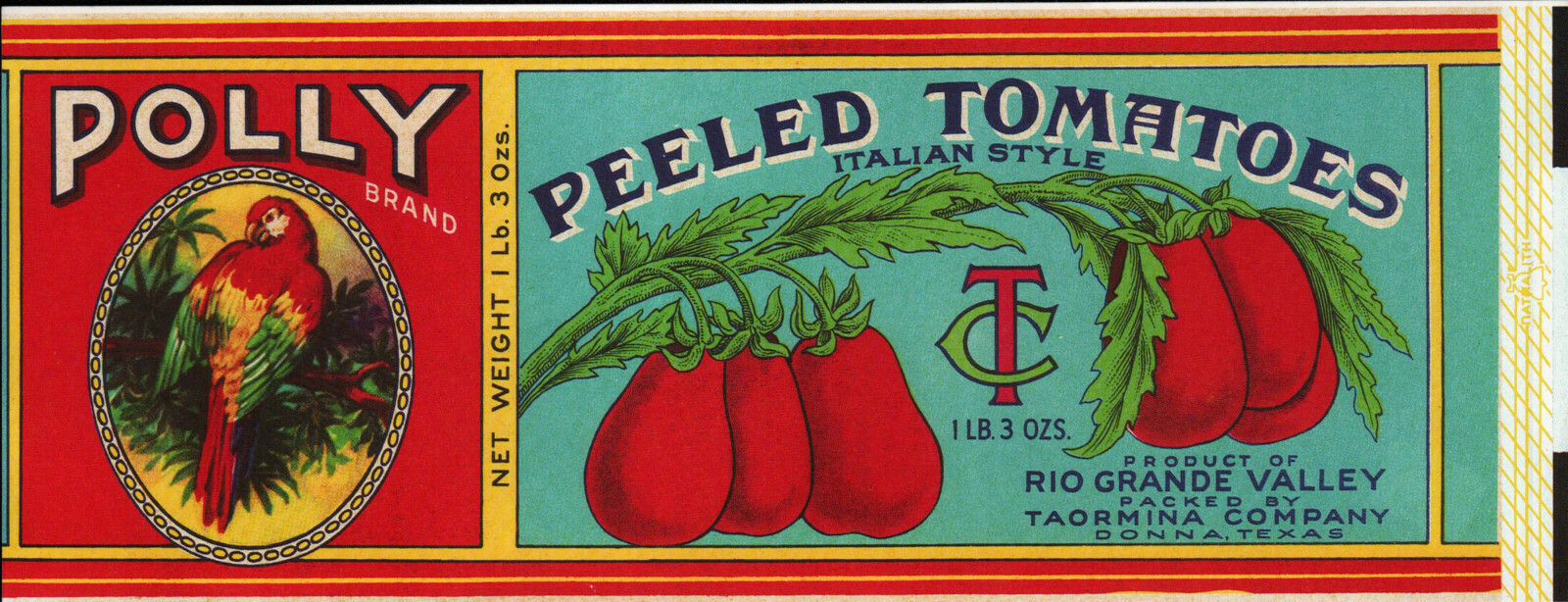 Original Polly Brand Vintage Label Peeled Tomatoes Parrot Donna, Texas Taormina