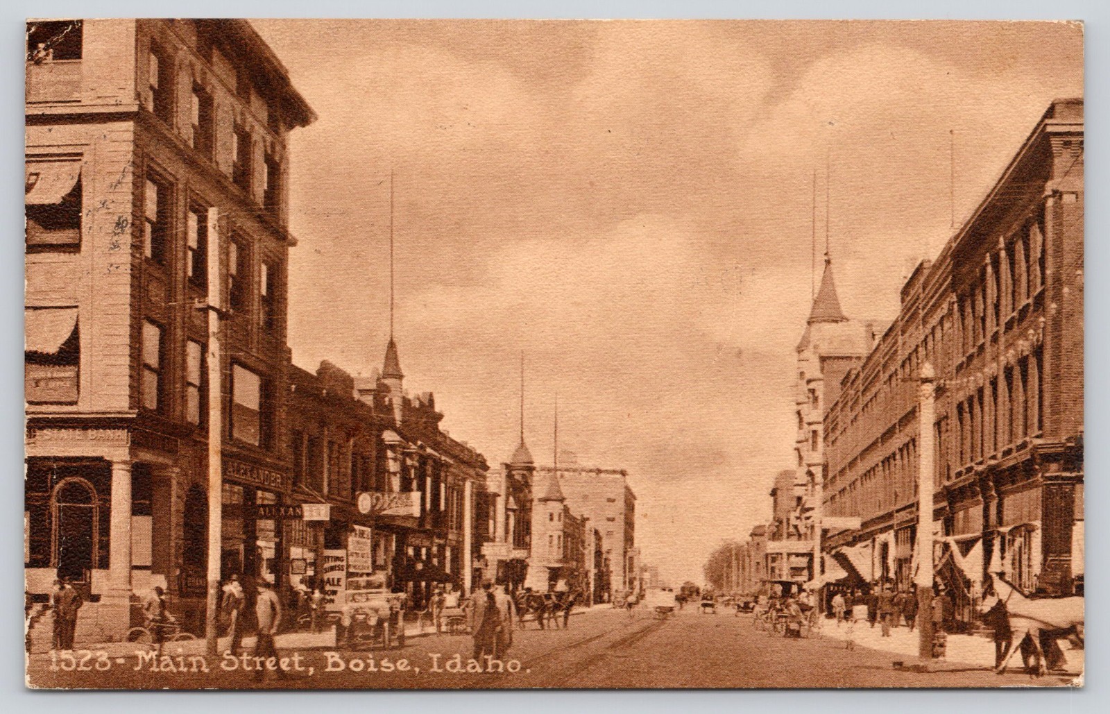 Main Street, Bank Building, Cars, Boise ID Idaho Postcard 1914 Edward H Mitchell