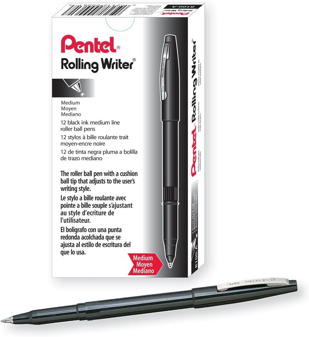Pentel Rolling Writer Pen, 0.8 Millimeter Cushion 12 Count (Pack of 1), Black