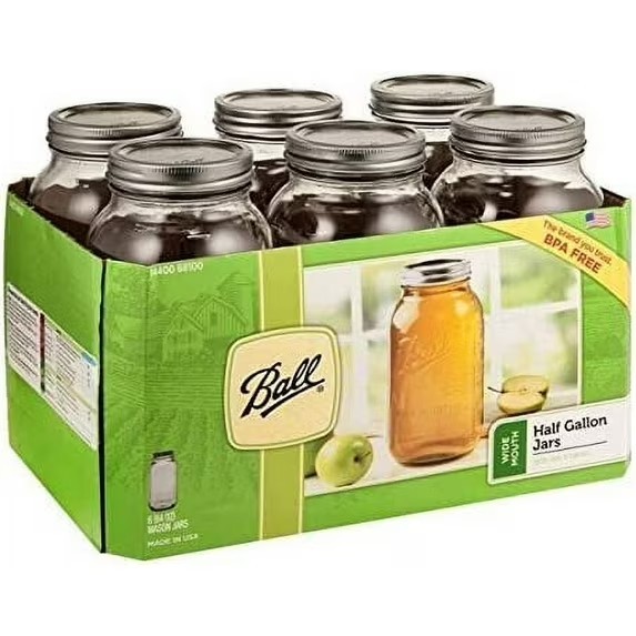 Ball 6 Count Wide Mouth 64 oz Mason Jars with Lids and Bands Half Gallon 1/2 Gal