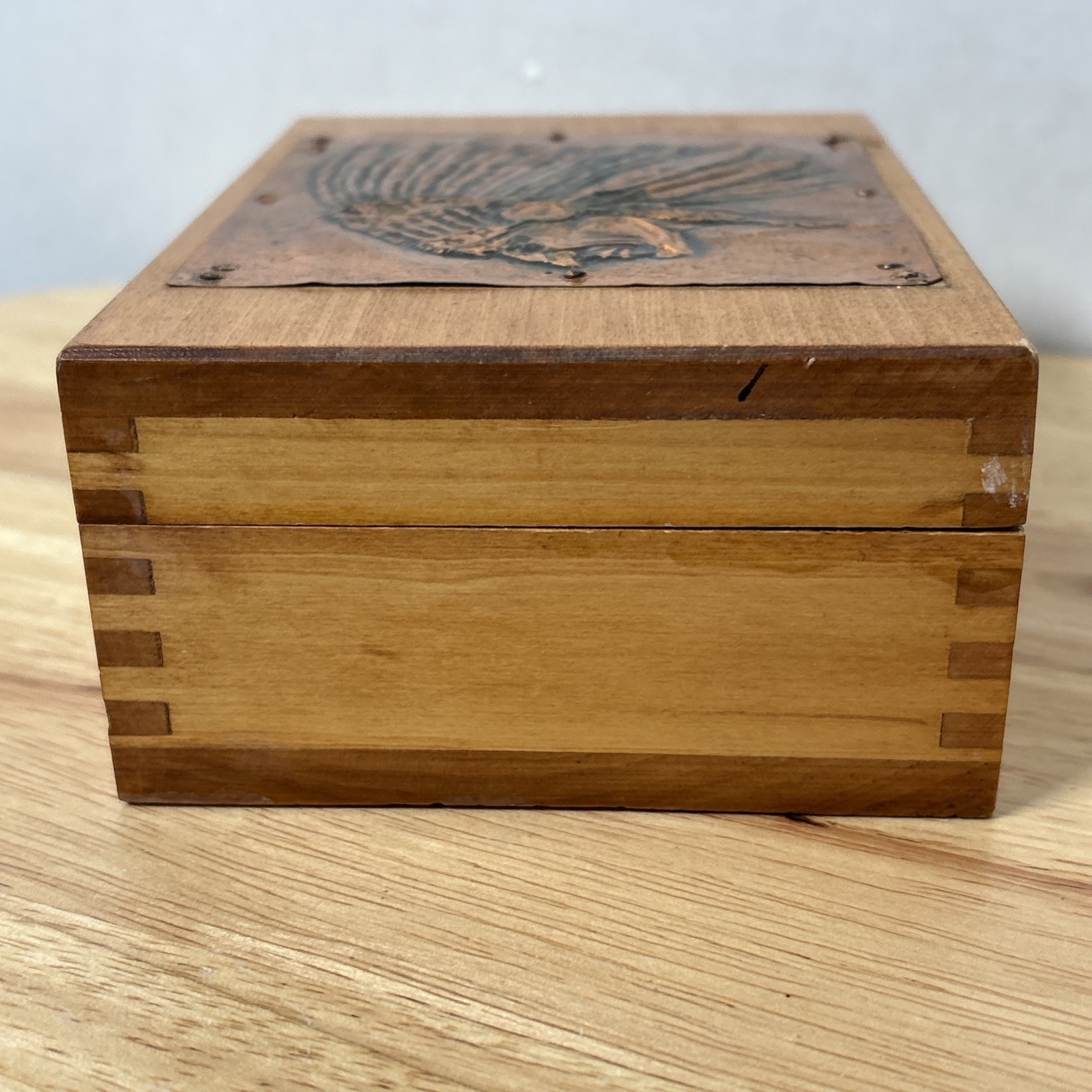 VTG Native American Chief Copper Relief Artwork Wooden Jewelry Trinket Box