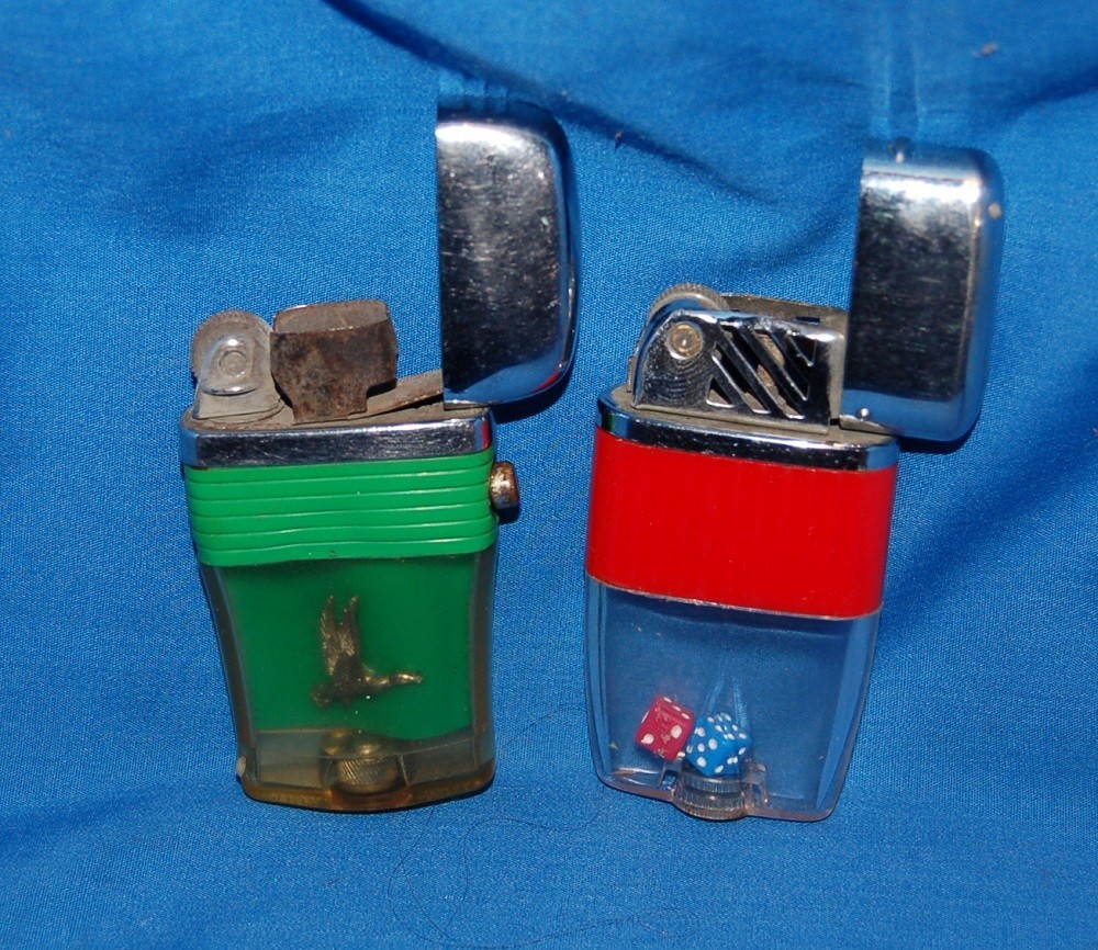Vtg Japanese Tank Dice Lighter Flip Top Red & Fly Duck Flip Top Green