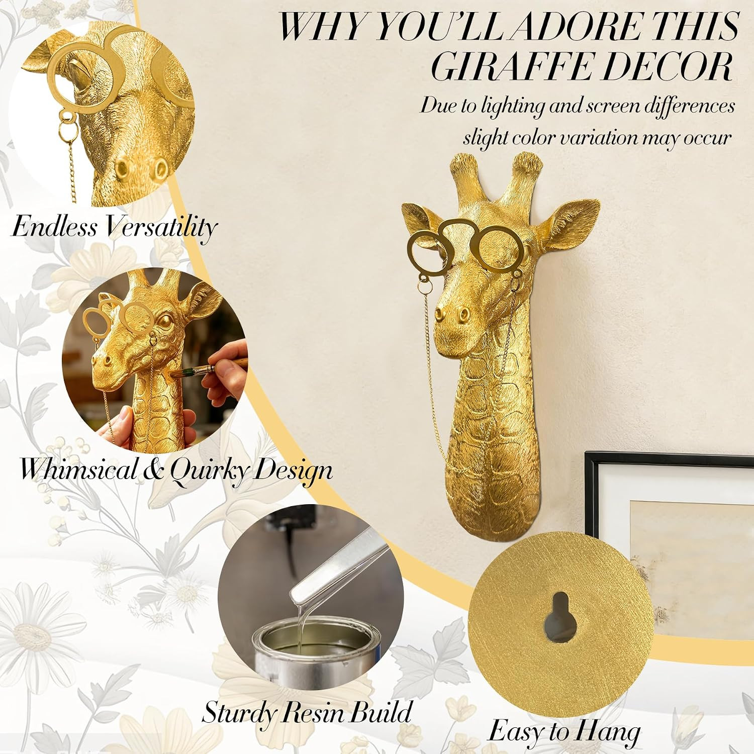 Golden Giraffe Animal Head Wall Decor with Glasses, 11.5” Tall Resin