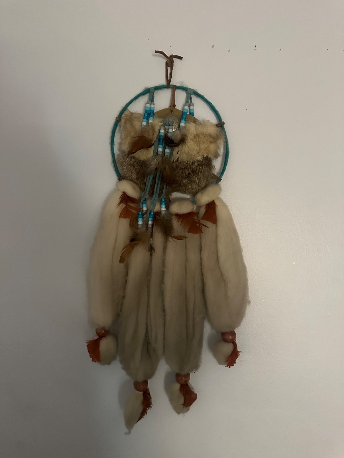 Vintage Large Blue Feather Dream Catcher With Wool, Beads, Furs Used