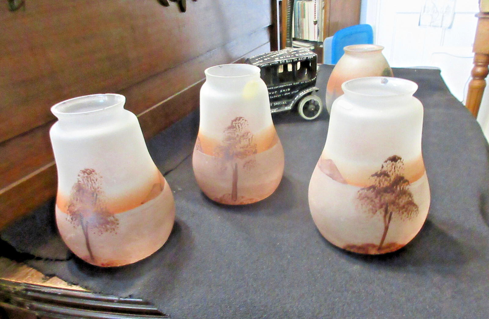 3 Three Vintage COTTAGE BRIDGE TREES Reverse Painted Pendant Lamp Light Shades