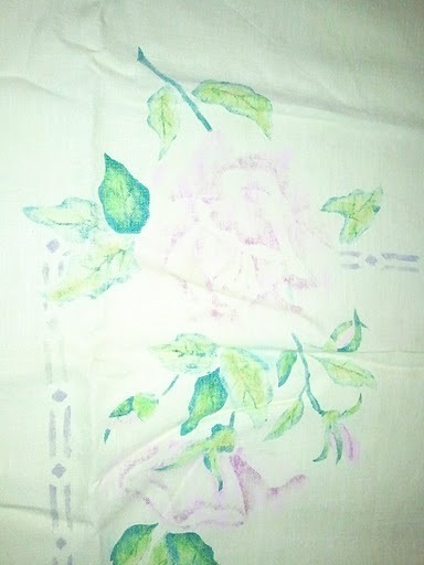 Vintage Linen Tablecloth STENCILED FLORAL ON YELLLOW