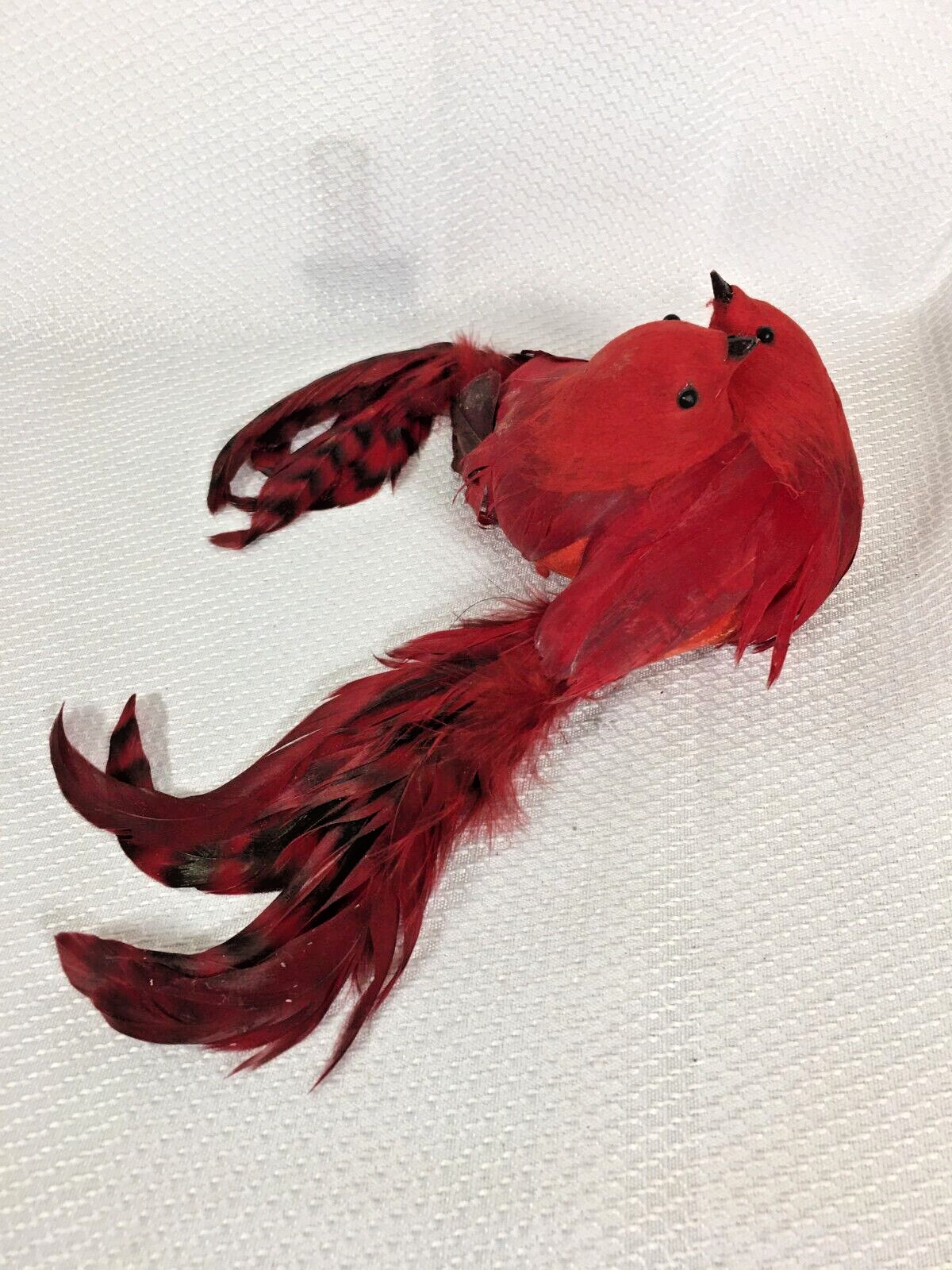 Vintage Red Feathered Love Birds Christmas Ornament Attached Pair Feathered Tail