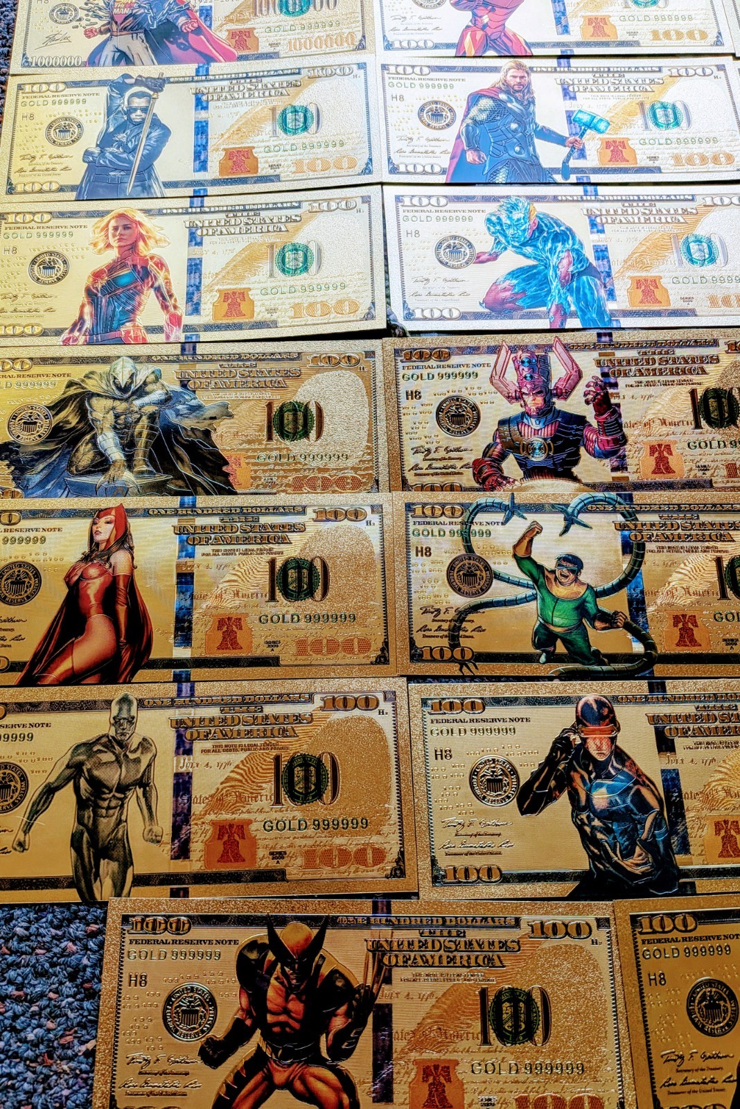 Ultra Rare 64 pc *COMPLETE* 24k Gold Foil Plated Marvel Super Hero Banknote Set
