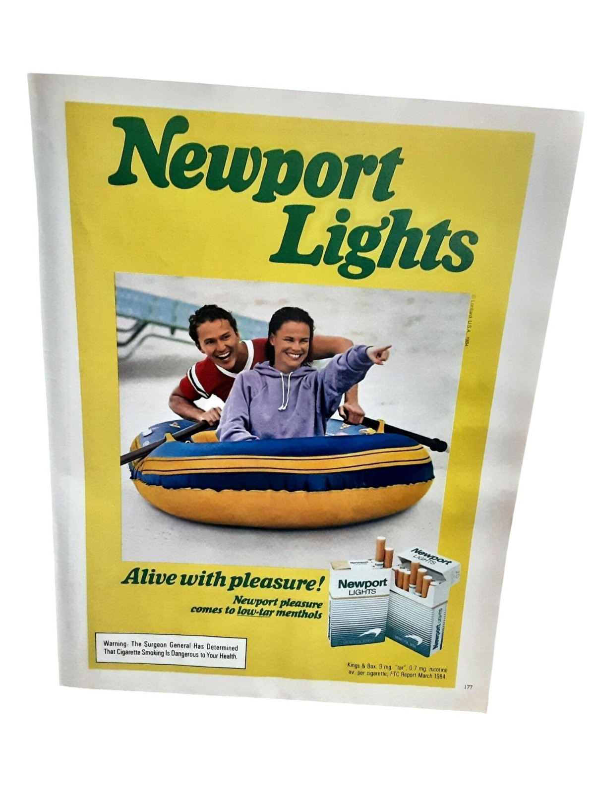 1984 Newport Lights Vintage Cigarette Print Ad Raft Beach Couple