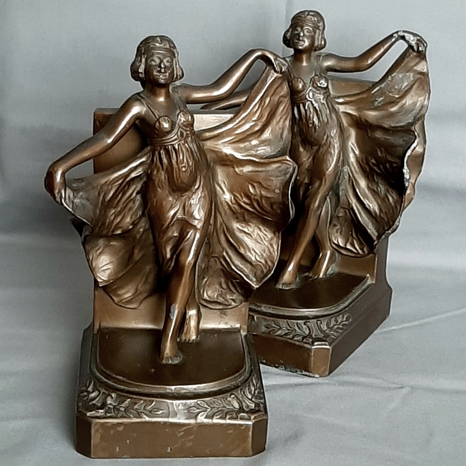 Antique 1920s Loie Fuller Serpentine Dance Girl Art Deco Bronze Spelter Bookends