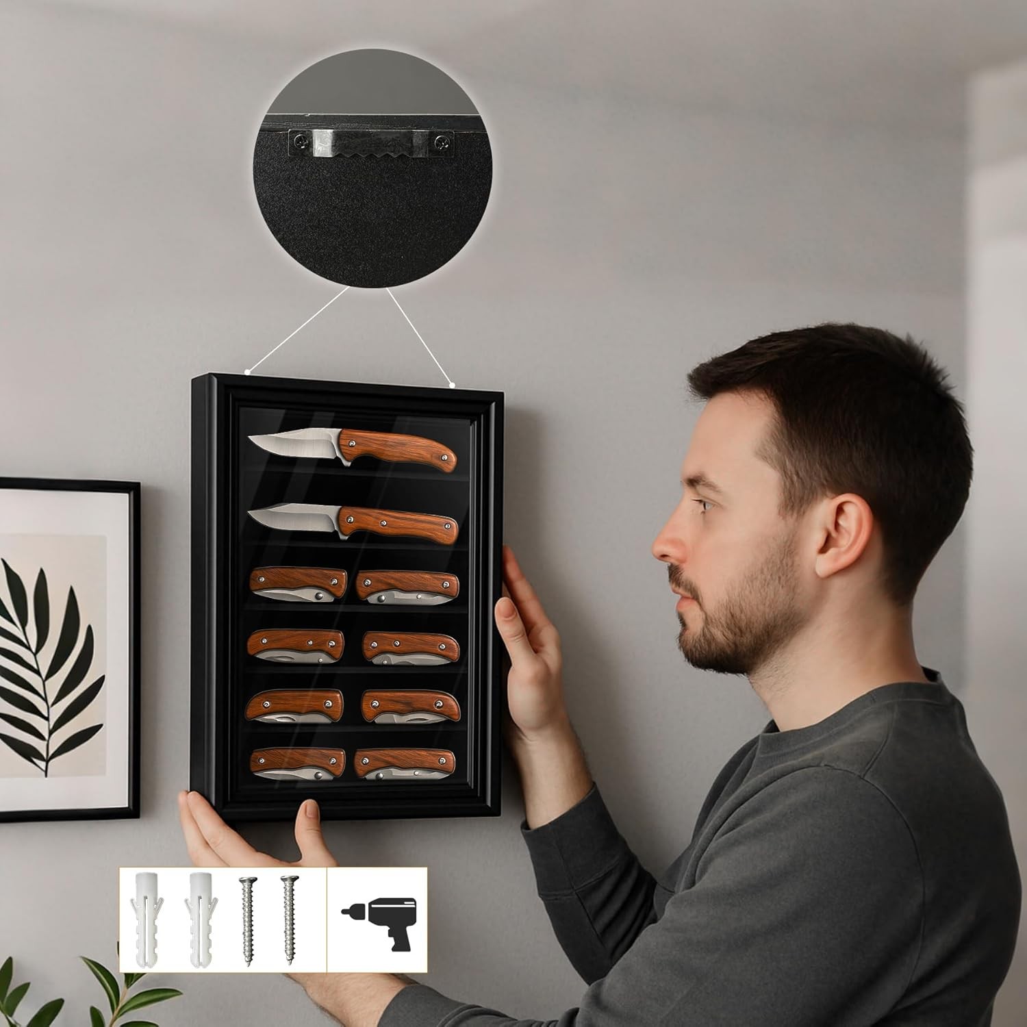 Knife Display Case with HD Tempered Glass & Removable Shelves, Wall Mountable Wo