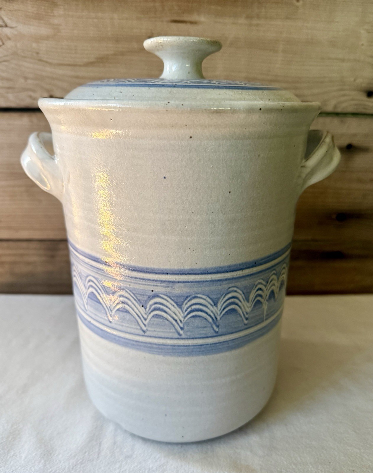 Large Retro Studio Art Pottery Kitchen Canister Light Gray And Blue – Signed