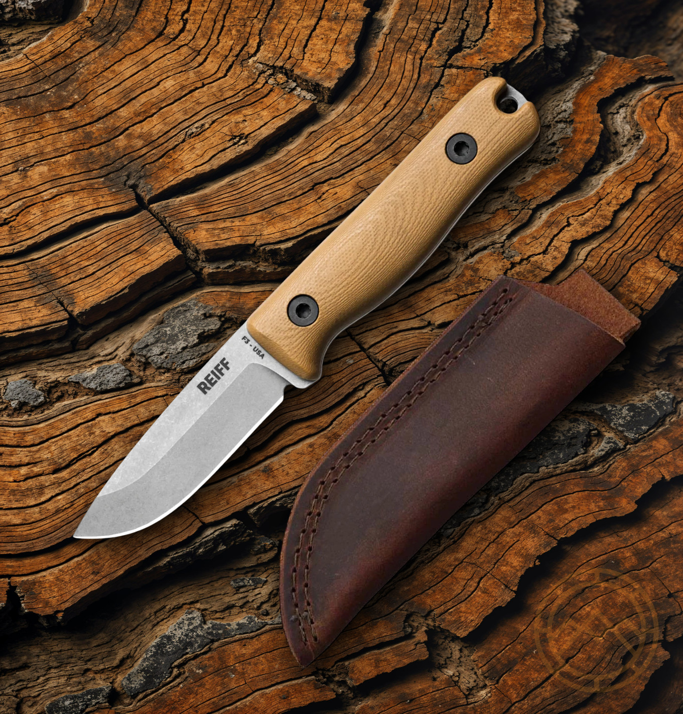 Reiff Knives F3 Fixed Knife 2.9″ Full Tang CPM 3V Steel Blade Tan G10 Handle