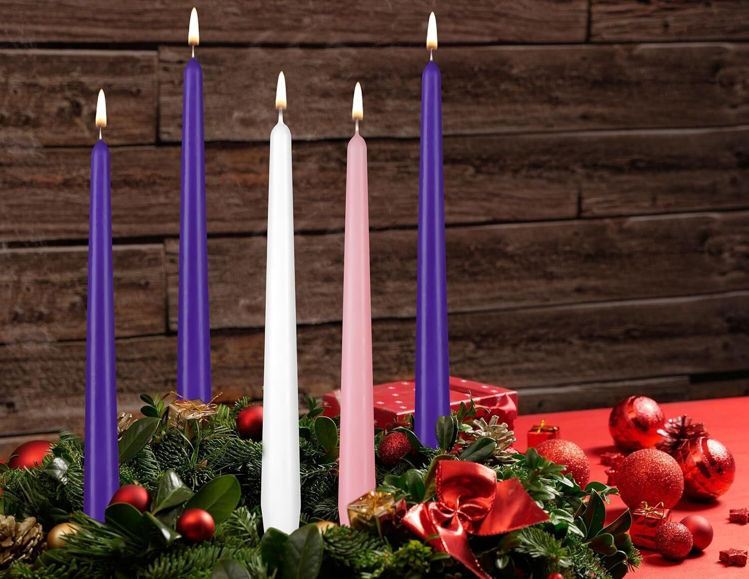 BRUBAKER 10″ Taper Christmas Advent Candles (Set of 5), Purple/Pink/White