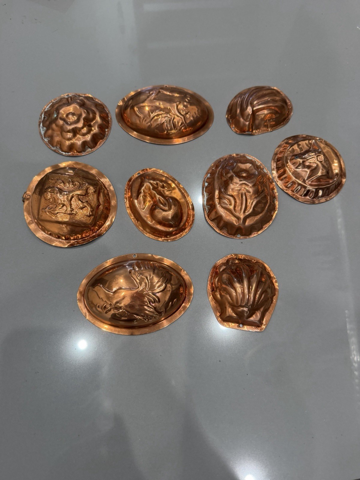 Vintage Copper Molds Jello Molds Lot Of 9 Horse Deer Bird Shells Etc