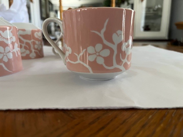 Fitz & Floyd Snack Plates and Cups, Set of 4 each, Peach & White Floral Tree