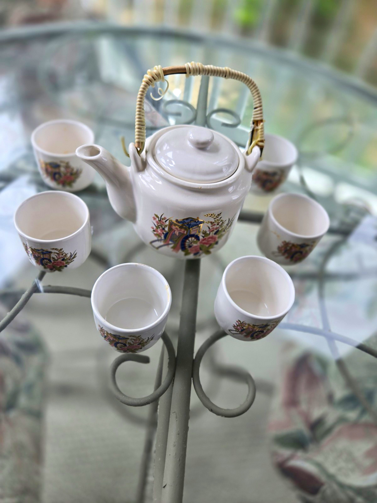 Ceramic Floral Tea Set White/Multicolor Glazed Teapot w/ Lid & 6 Cups