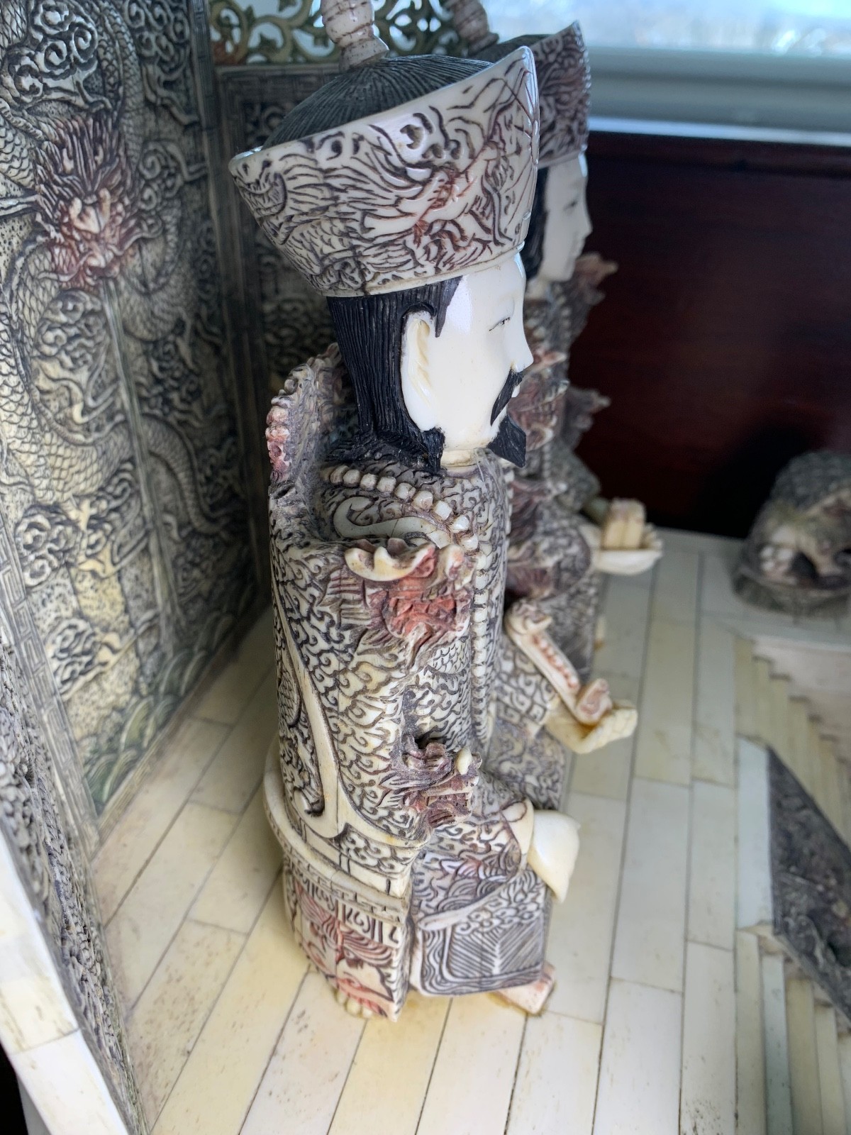 GORGEOUS BOVINE BONE TILE CHINESE EMPEROR AND EMPRESS ON INTRICATE THRONES!