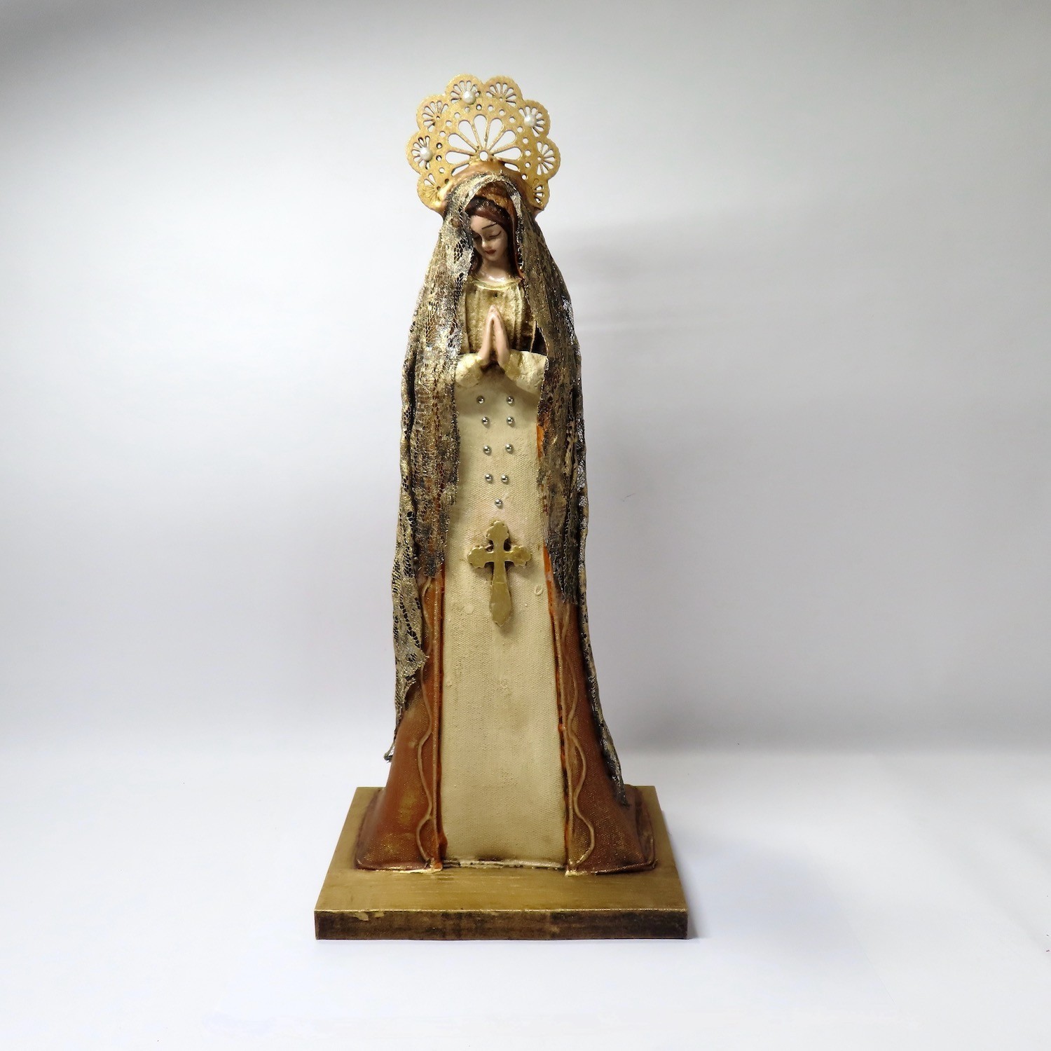 Handmade Our Lady Virgin Mary Tela Encolada Statue Mexican Folk Art 15.25″