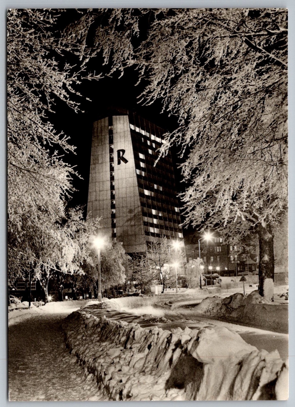 Rennsteig Building Night Snow Oberhof Thuringia Real Photo Postcard