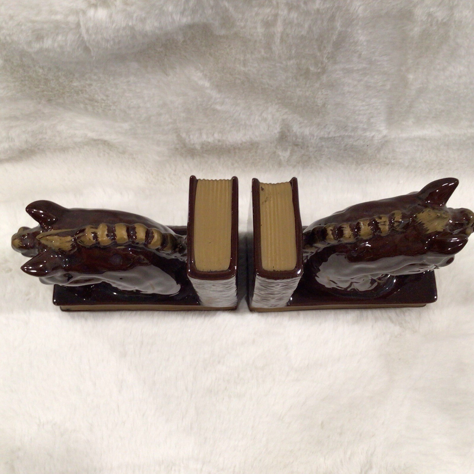 Vintage 1960’s Ceramic Horse Head Bookends – Japan – Brown And Gold MCM