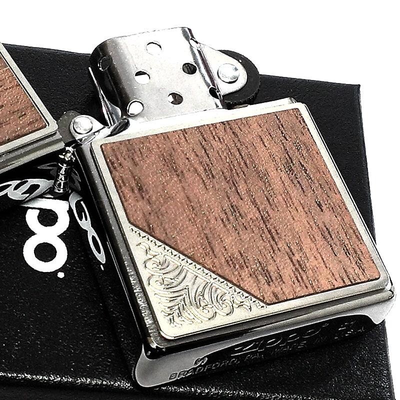 Zippo Oil Lighter Wood Metal Silver Brown Brass Etching Regular Case Japan