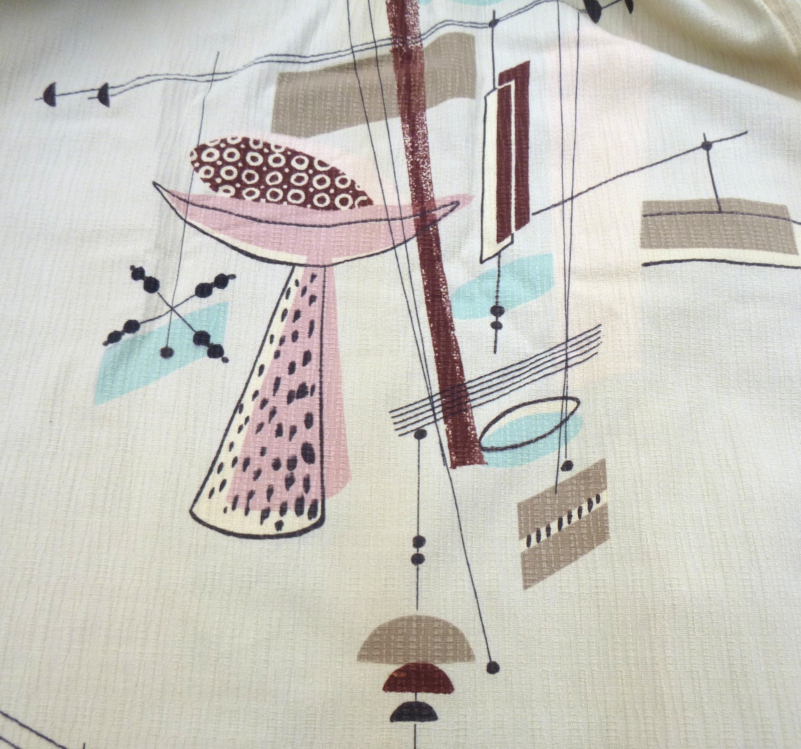Pr Vtg 50s Atomic Barkcloth Curtain Panels Pink Blue Mobiles 40″ W x 40″ L Each