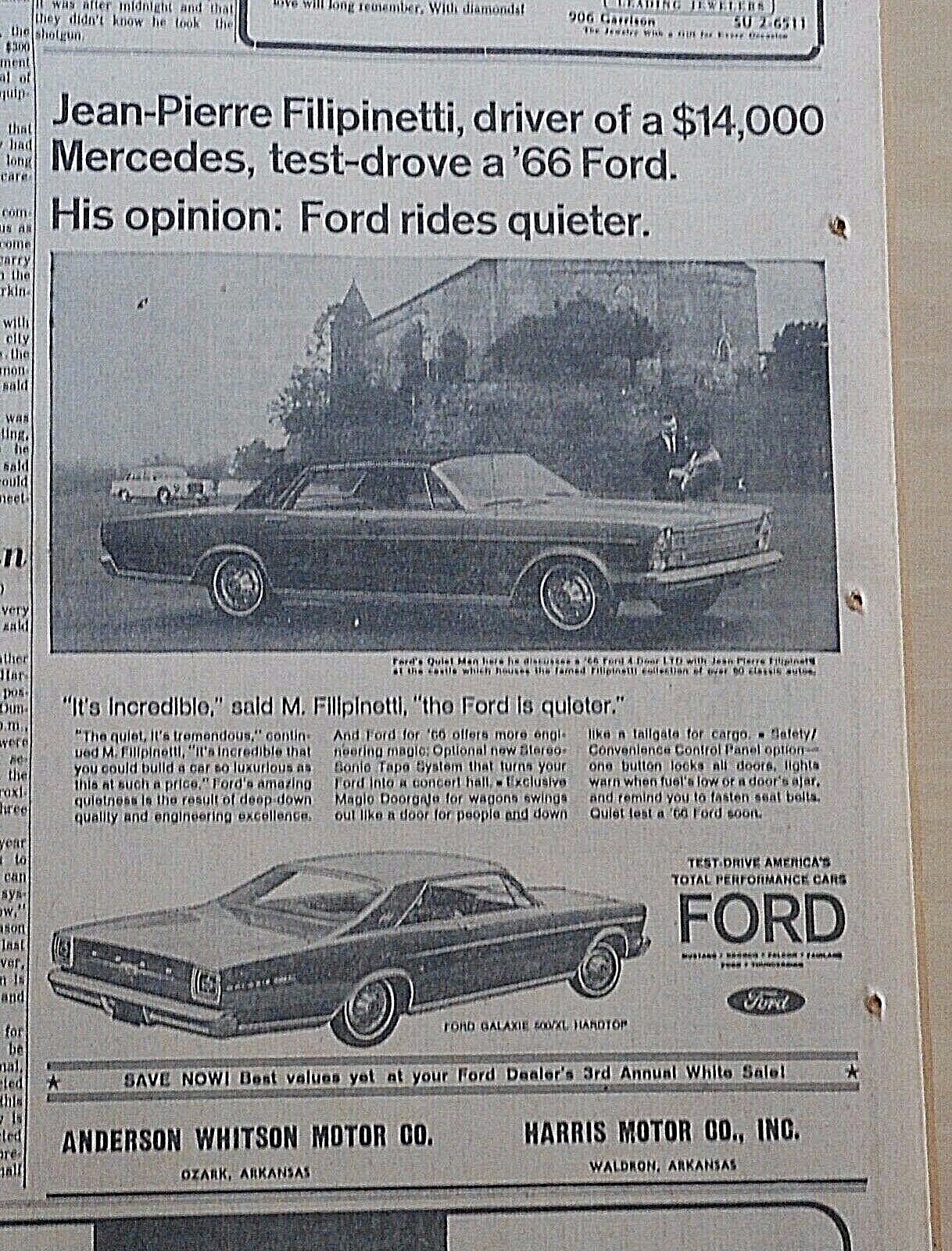 1966 newspaper ad for Ford – Mercedes owner thinks Ford is quieter ride