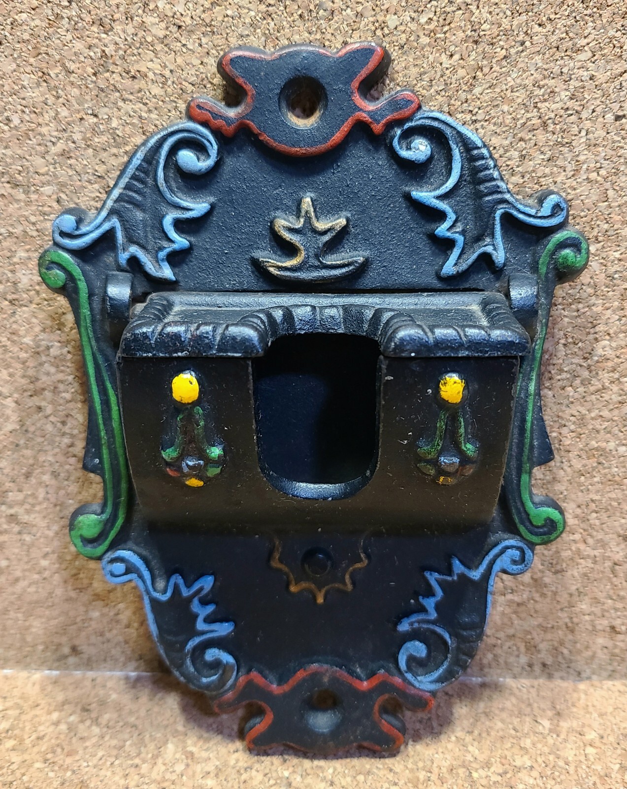 Vtg Wilton Black Cast Iron Match Stick Wall Holder Folk Art Paint Lid 6×4.5″
