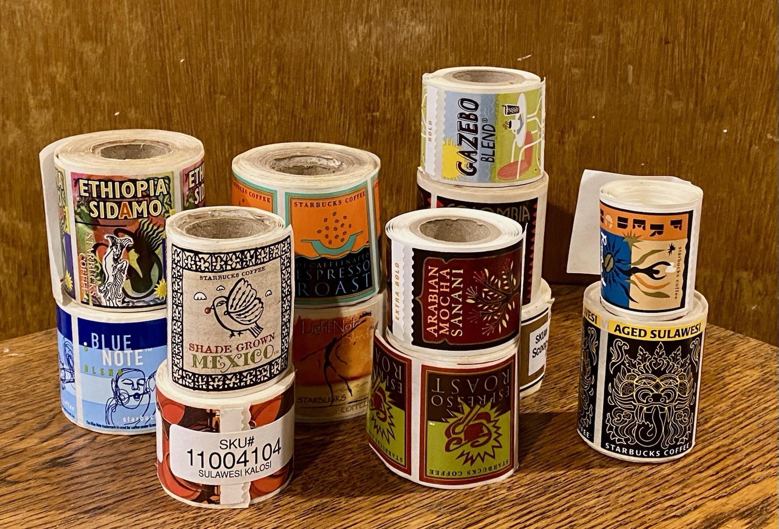 13 NOS Early Vintage Starbucks Coffee Bag Sticker Label Rolls Sulawesi Gazebo