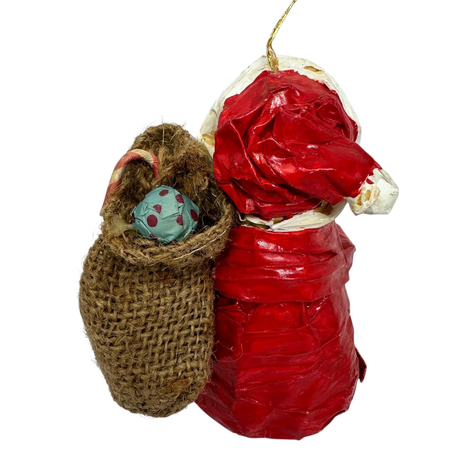 Vintage 60s Handmade Papier Mache Santa Ornament Burlap Sack Wreath Christmas