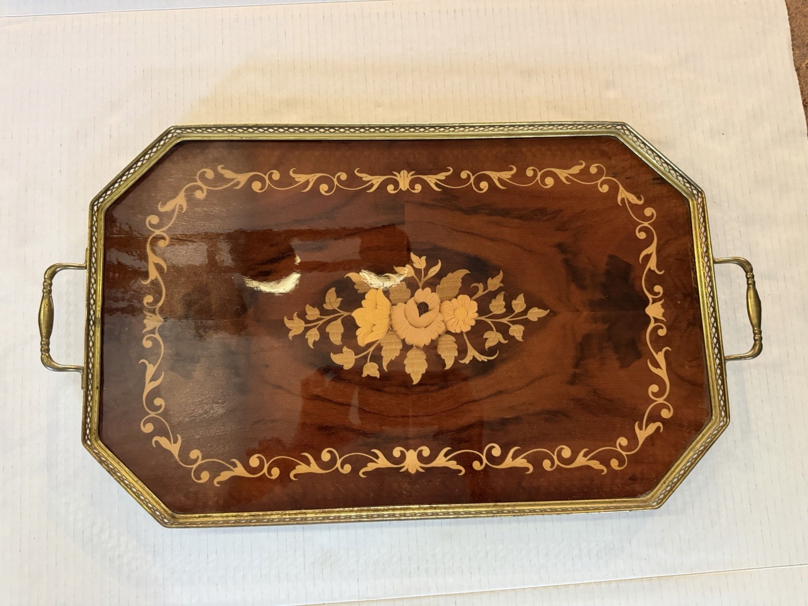 Vintage Italy Inlay Wood Marquetry Floral Tray Brass Lined and Handled 18″ X 12″