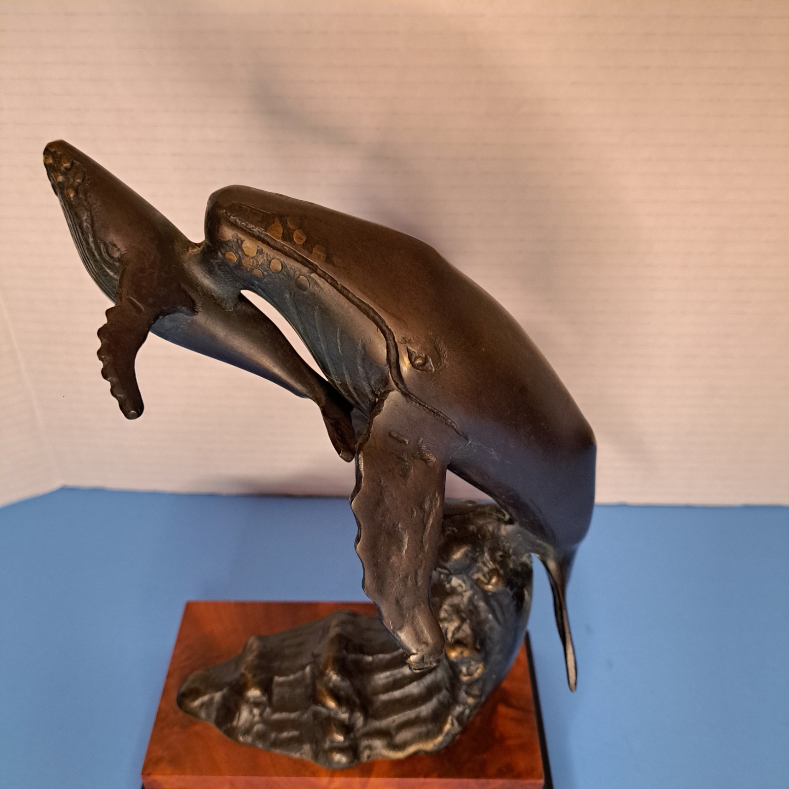 Vintage Bronze Humpback Whale With Calf Statue Wood Base Patina