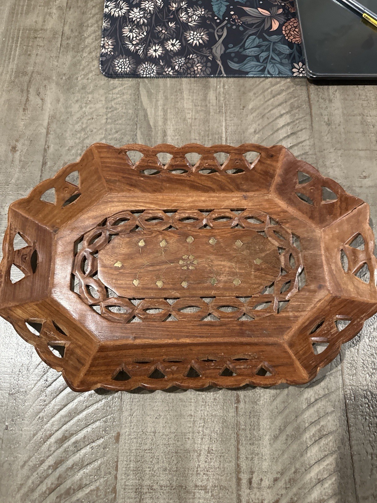 Carved Wood 15” Oval Serving Tray Medium Brown Natural Finish Decorative Piece
