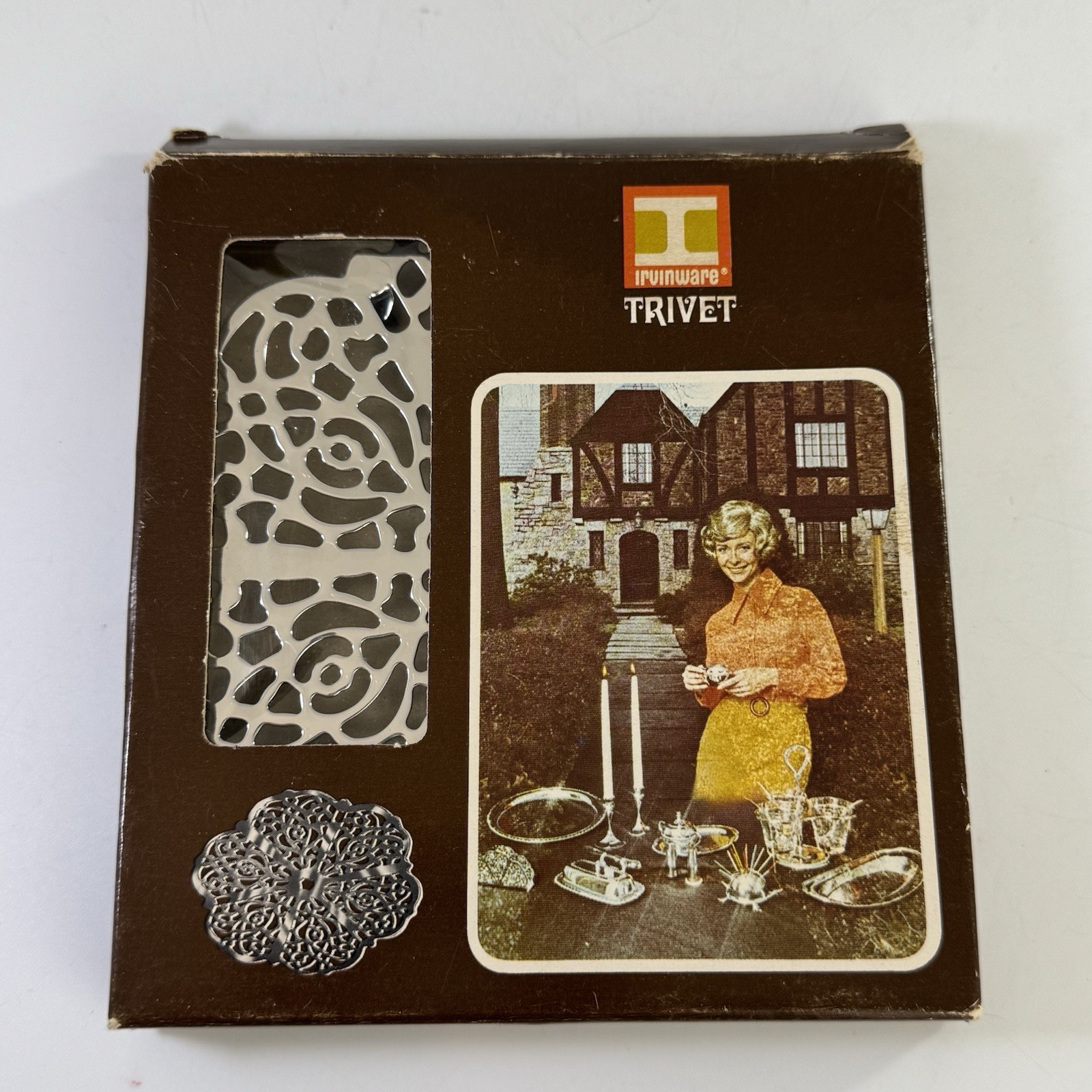 Vintage Irvinware Chrome Plated Trivet Floral Cutout MCM w Original Box 1971