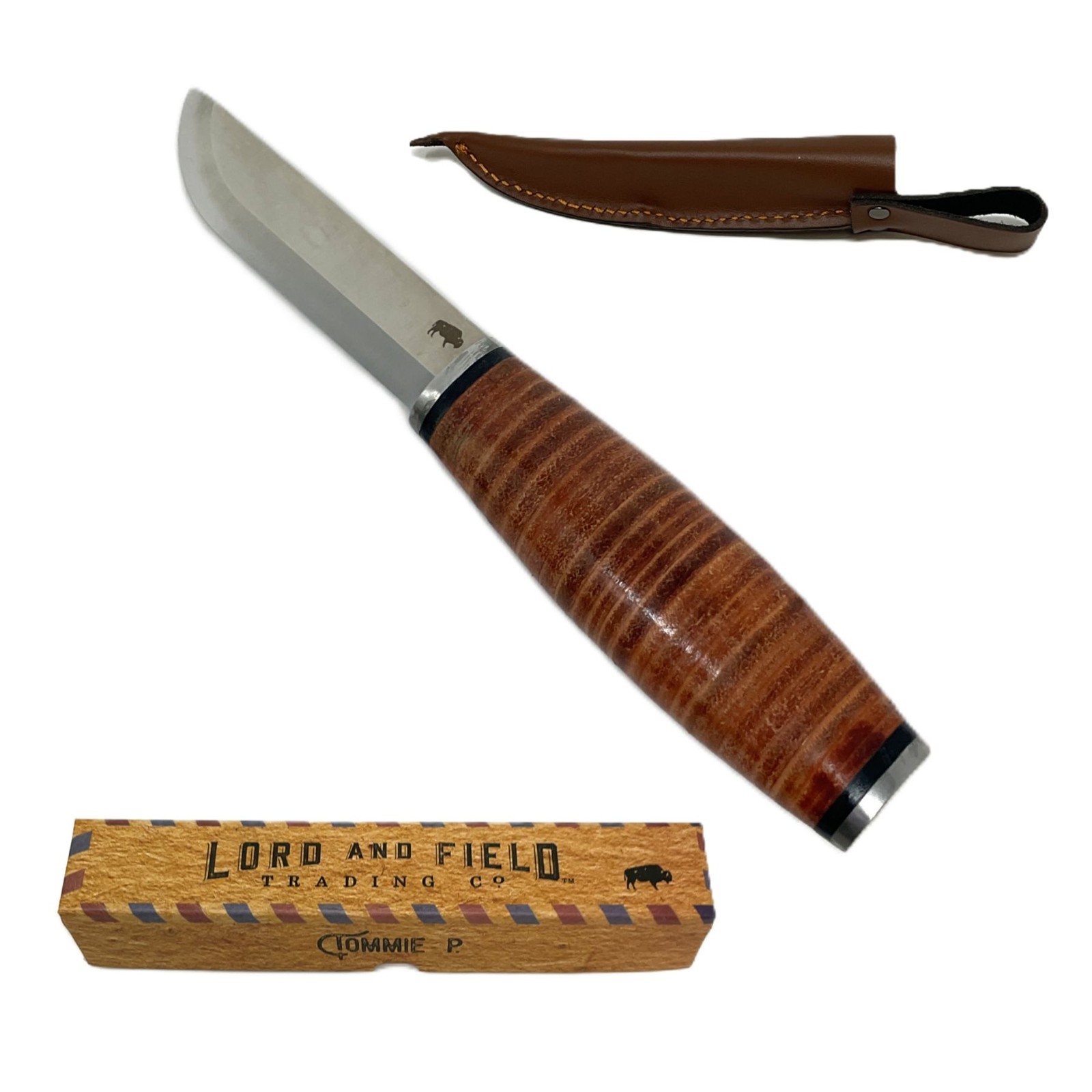 Puukko Bushcraft Knife AUS-10 Steel Scandi Grind Stacked Leather Handle + Sheath