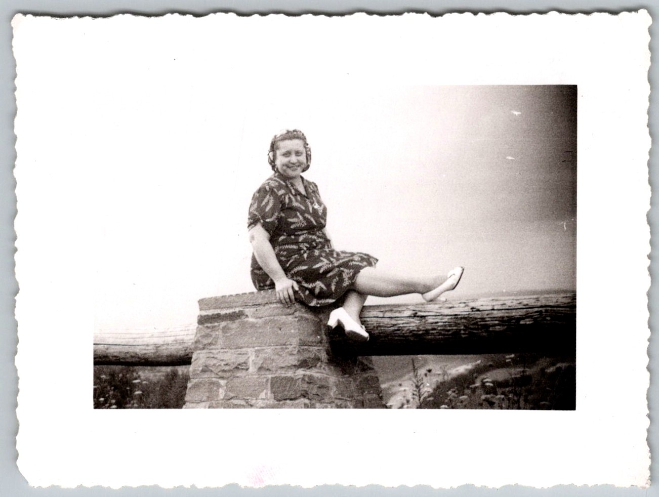 Vtg B&W Snapshot Smiling Woman Pattern Dress Posing Wooden Railing Fence 1930s