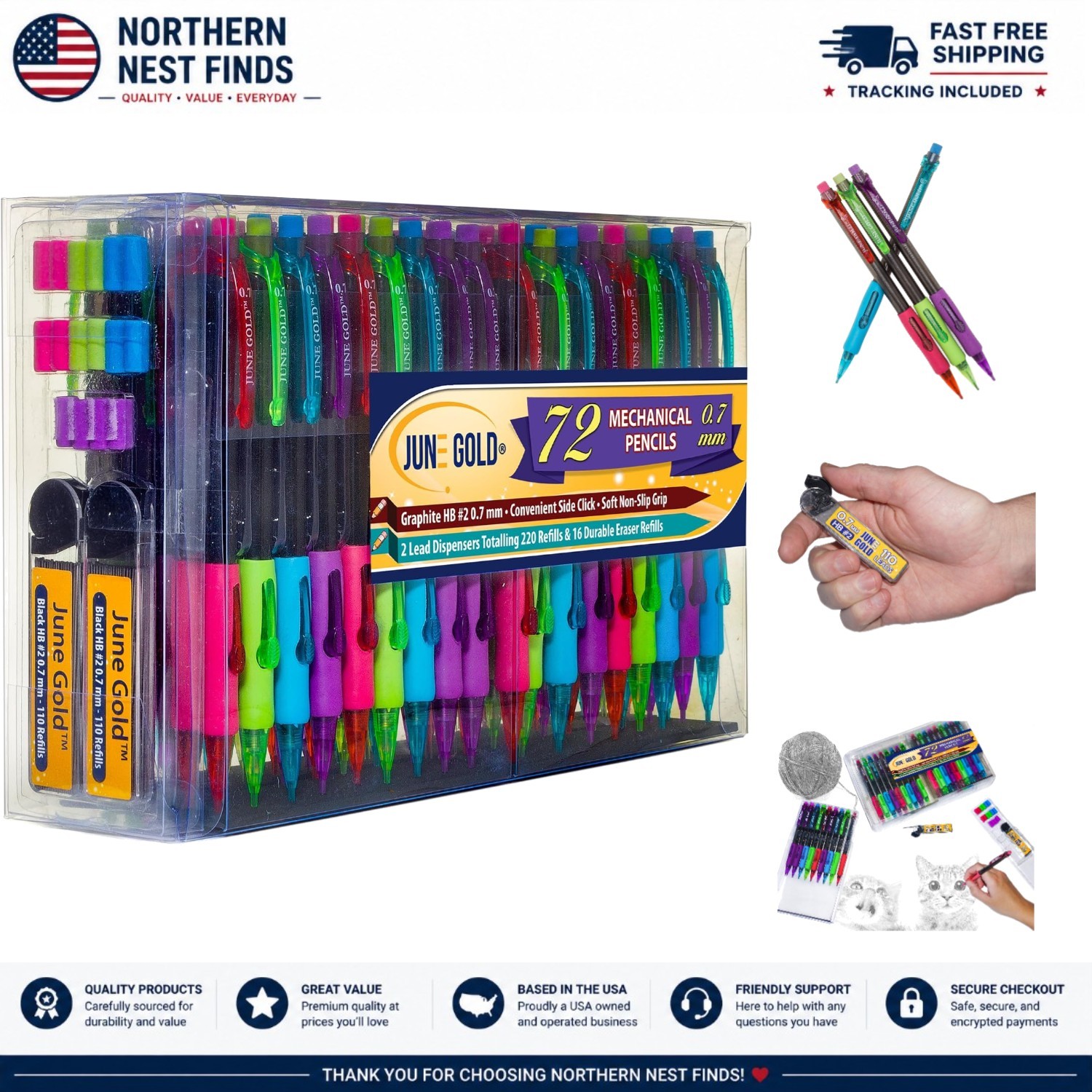 Comfortable & Precise 72 Mechanical Pencils with Break-Resistant Leads & Erasers