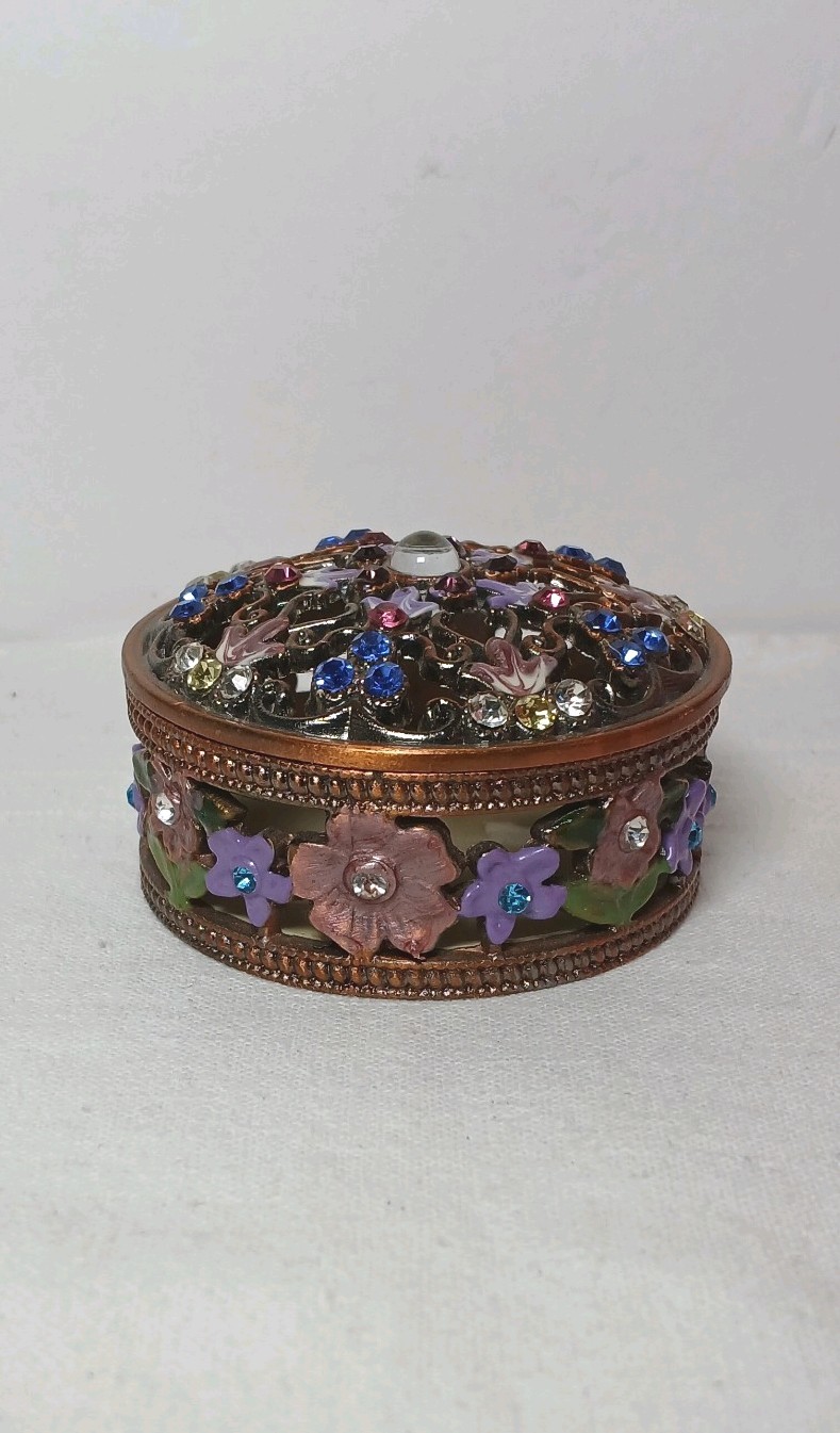 Enamel Metal Jewelry Box Round Shape Flowers Rhinestones 3.5″ wide
