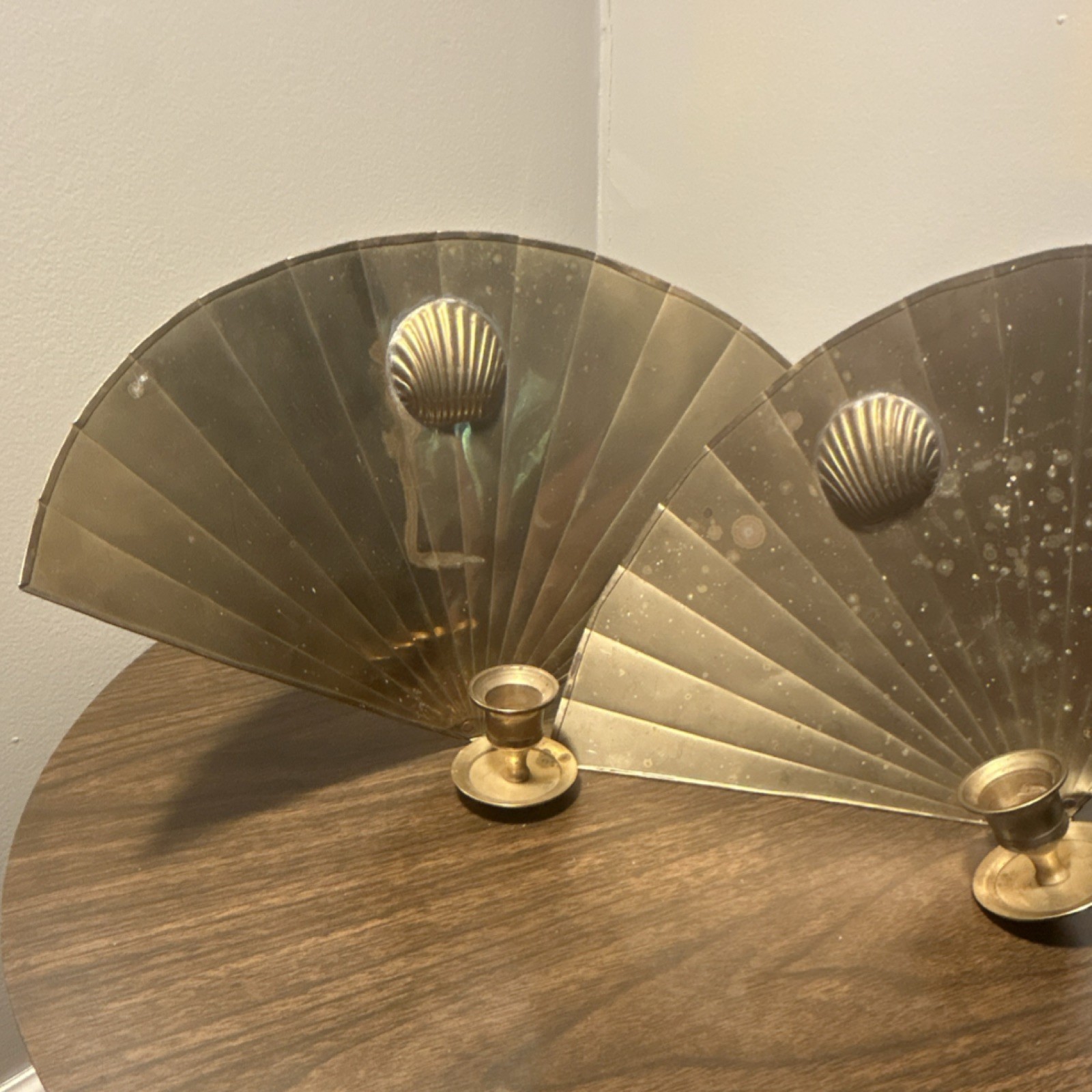 Brass Fan Shaped Candle Holders Shell Motif Gold Antique Wall Mountable MCM