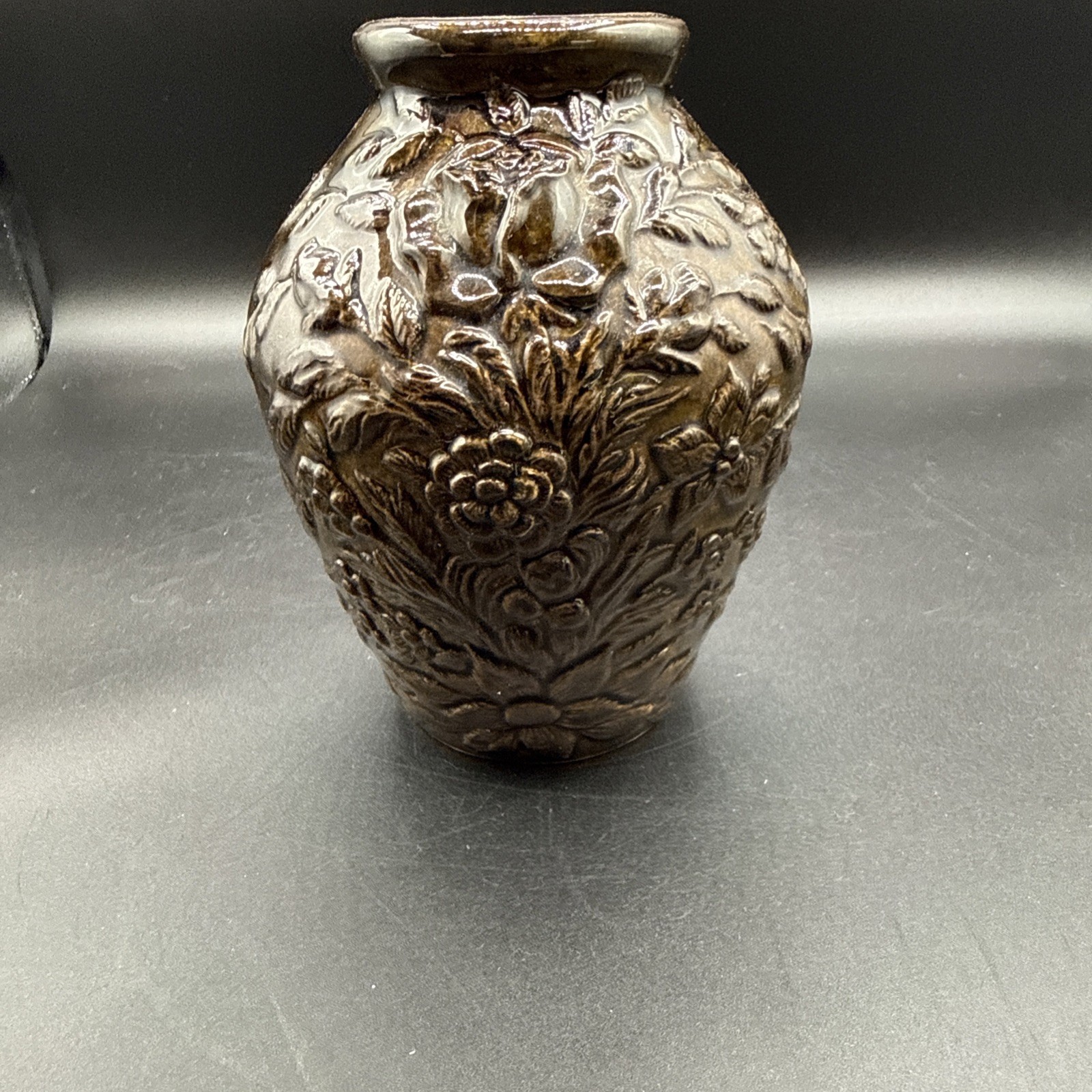 Ceramic vase with bronze-tone glaze& floral relief decoration by R.R.P. Co.
