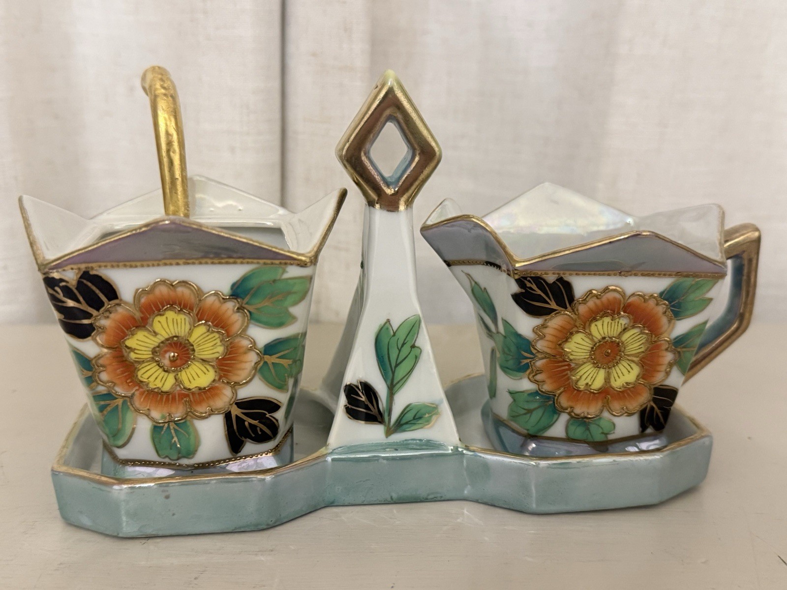Vintage Tashiro Shoten Japan Lusterware Sugar Creamer Set Caddy Art Deco 1930s