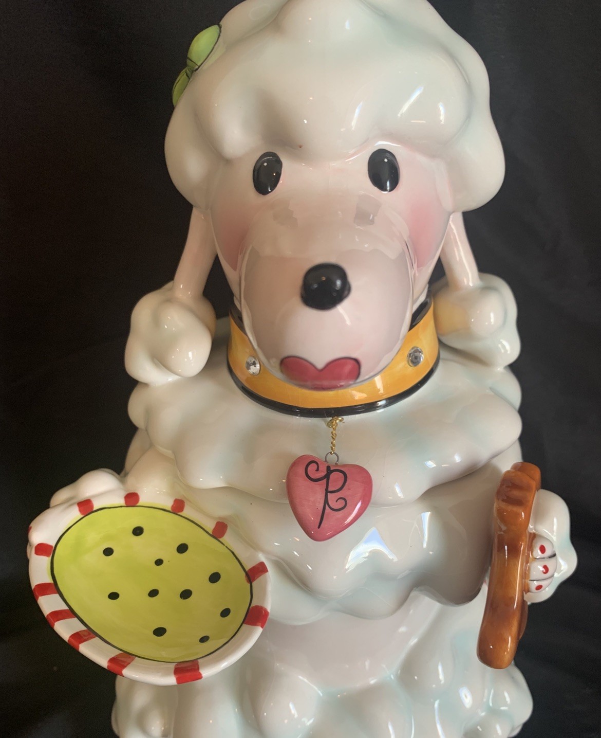 Unique Lady Poodle cookie jar, holding a plate and a bone, Multicolor