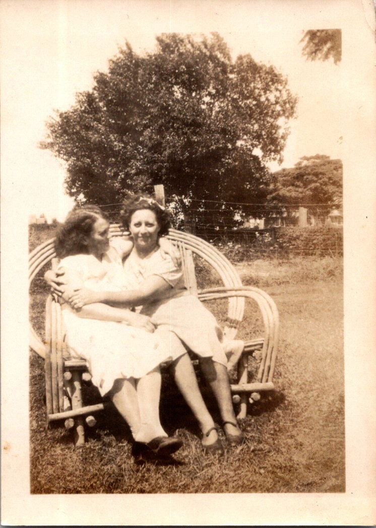 Vintage 1930s 1940s Photograph Two Women Embracing Outdoor Bench Sisters Friends