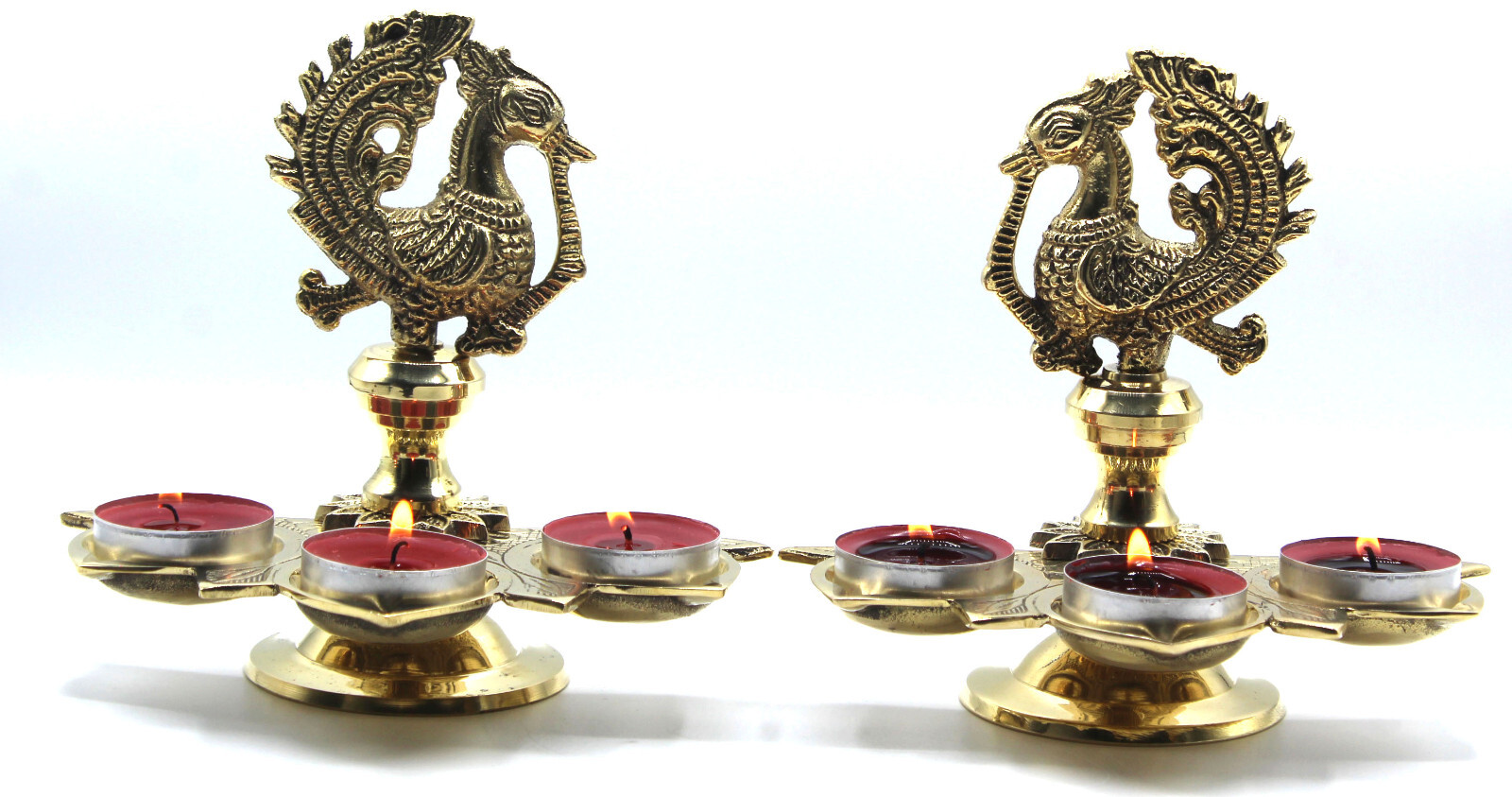 Brass Navratri Diya Hindu Temple Puja Deep Peacock Design Lamp Diwali Gift 2 Pc