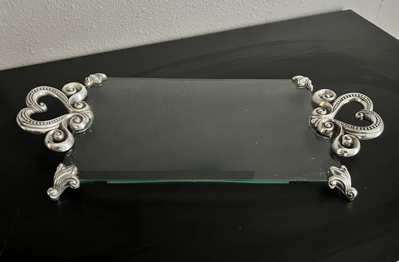 Brighton Marie Antoinette Glass Vanity Serving Tray Silver Plated Heart Handles