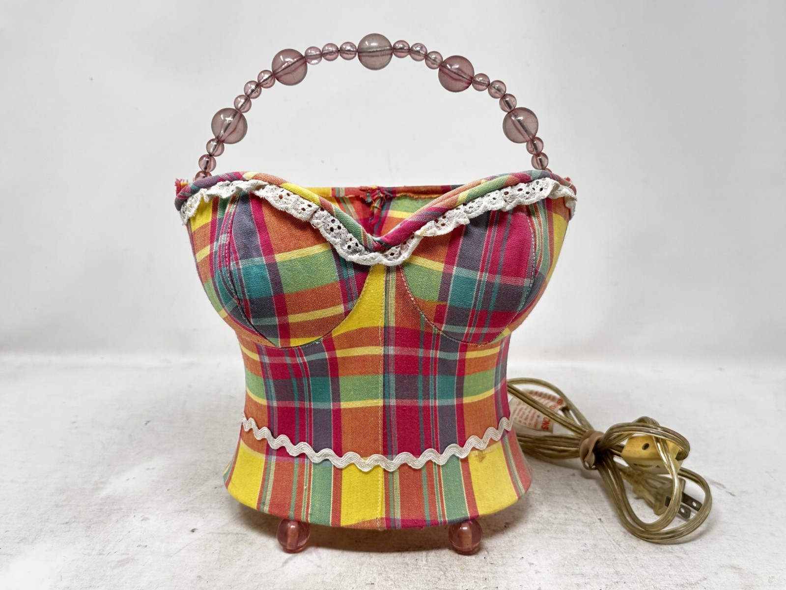 VTG Corset Y2K Plaid Print Table Lamp w/ Lace & Pink Beads – No Bulb
